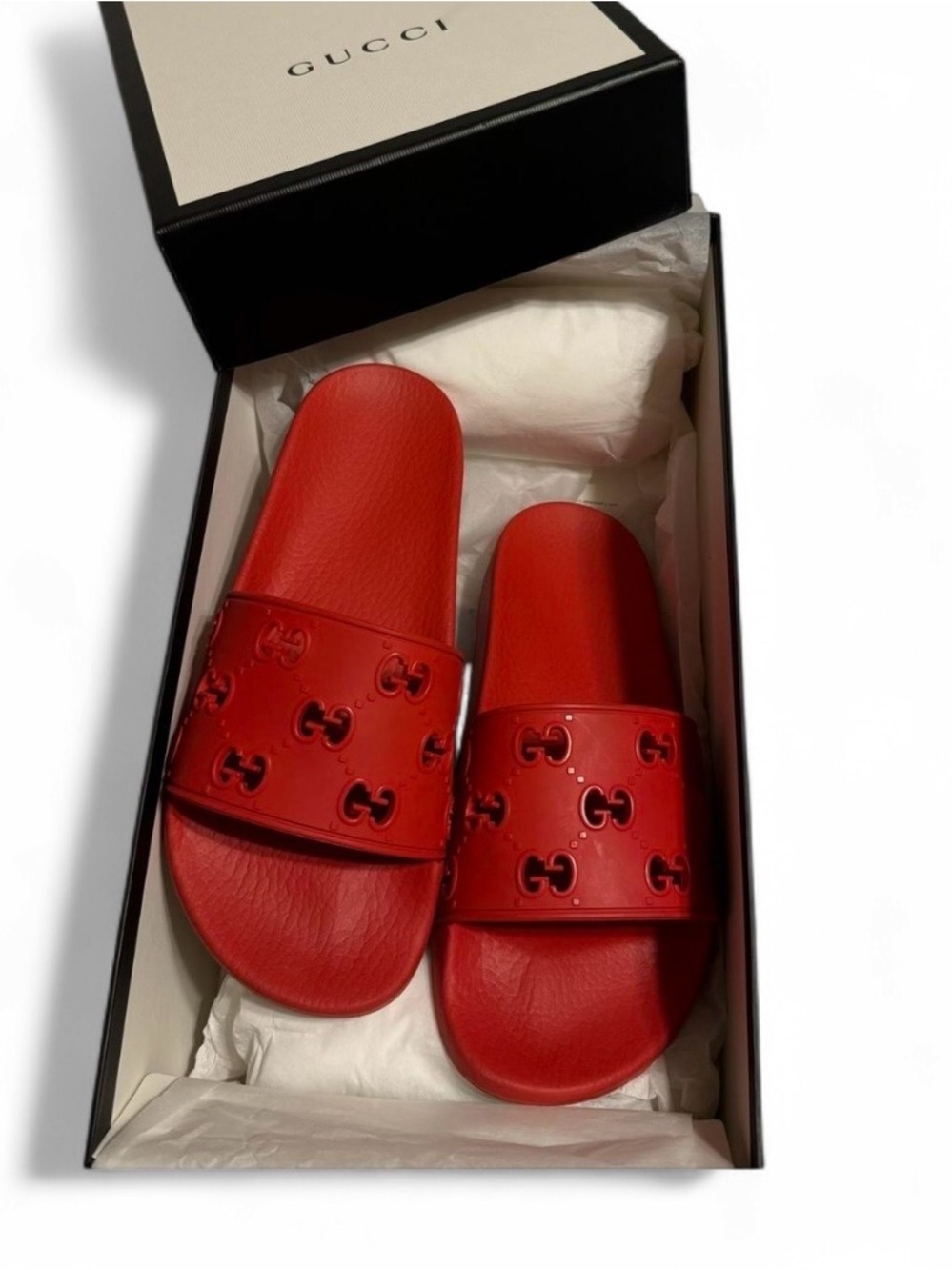 Gucci Red Embossed Interlocking-G Slide Sandals